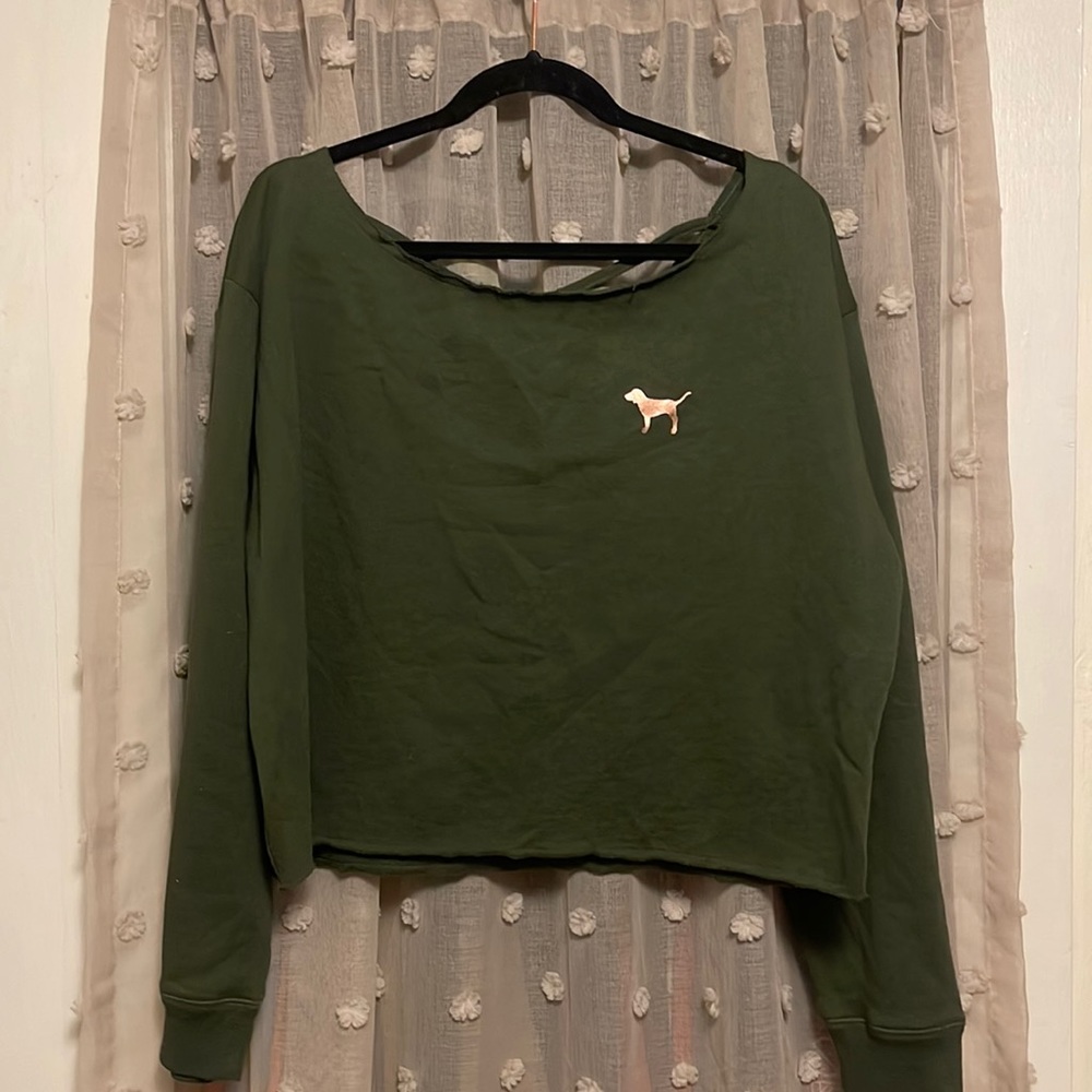Victoria's Secret Pink Olive Green off the Shoulder Crop Sweatshirt Size Large
